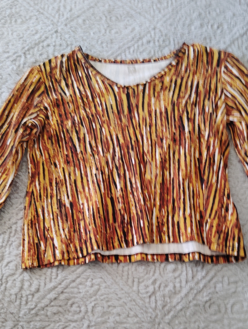 Anne Klein Sport V-Neck Long Sleeve Top in Brown, Yellow & Black Abstract Stripe